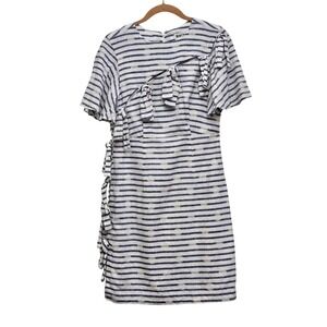WHIT Linen Cotton Dress Womens 4 Blue White Striped Polka Dot Cutout Tie Shift